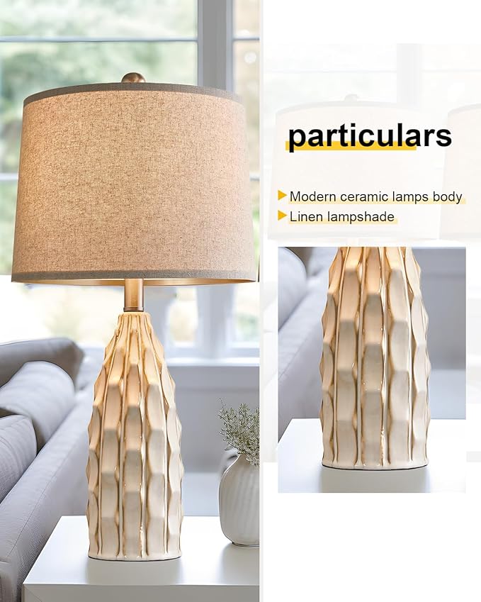 Ceramic Table Lamps Set of 2, 23.75" Modern Farmhouse Bedside Lamp - Cream Nightstand Lamps for Bedroom, Boho Living Room End Tables, Small Office Desk Lamp Decor