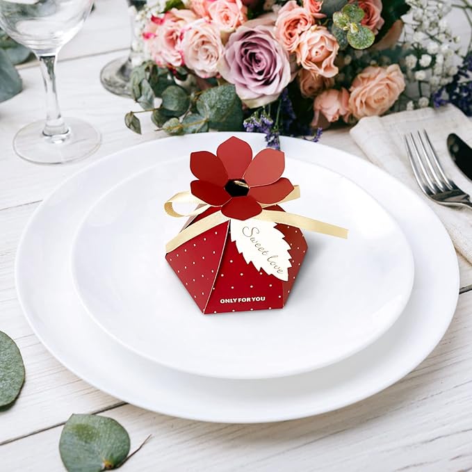 48Pcs Party Favor Candy Box, Petal Shaped Gift Candy Box with Tags and Ribbons for Flower Themed Party, Bridal Shower, Wedding Decorations, Candy Table Decorations