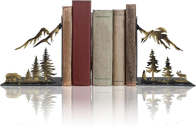 Hand-Painted Gold Mountain Bookends – Rustic Metal Forest Book Ends for Shelves, Heavy Duty Book Holders with Golden Pine Trees & Peaks, Vintage Decorative Book Stoppers for Home Office