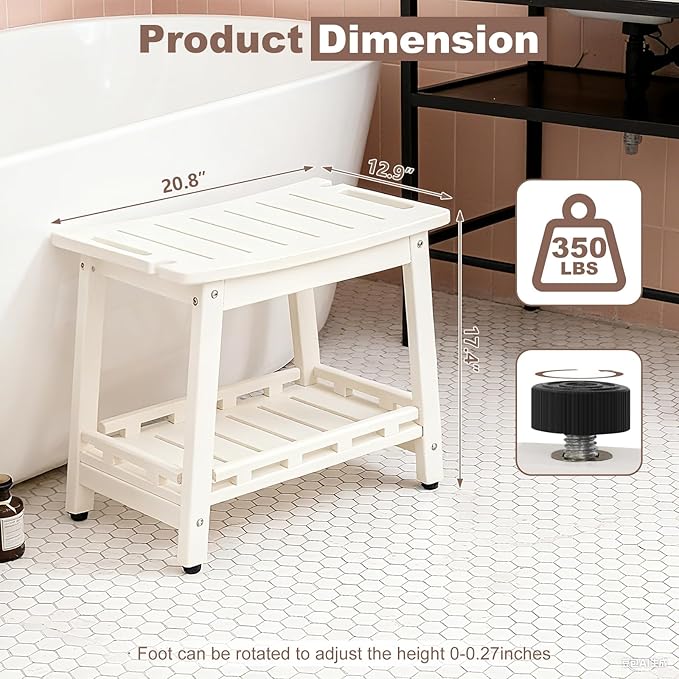 Large HDPE Shower Bench Seat for Shaving Legs, Waterproof Shower Stool with Storage Shelf for Bathroom, White
