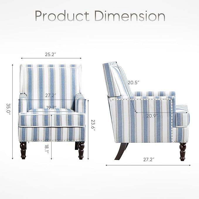 Yogald Vintage Striped Accent Armchair, Mid Century Corner Chair with Nail-Head Trim, Comfy Upholstered Reading Chair, Mediterranean Chair for Living Room Bedroom Guest Room (Blue and White Linen)