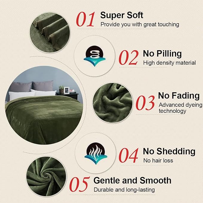 EASELAND Soft King Size Blanket All Season Warm Microplush Lightweight Thermal Fleece Blankets for Couch Bed Sofa,90x108 Inches,Olive Green