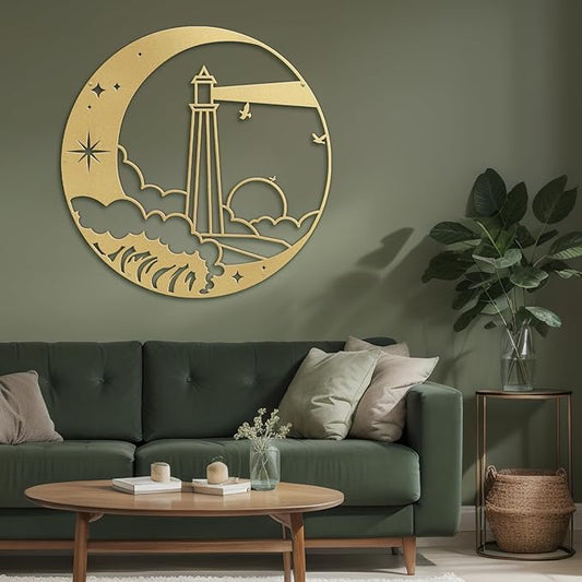 SIGNLEADER Metal Wall Art Decor Lighthouse on the Waves Minimalist Modern Abstract Wall Sculpture Hangings Home Decoration for Living Room, Bedroom, Bathroom, Kitchen, Outdoor - 18" Gold