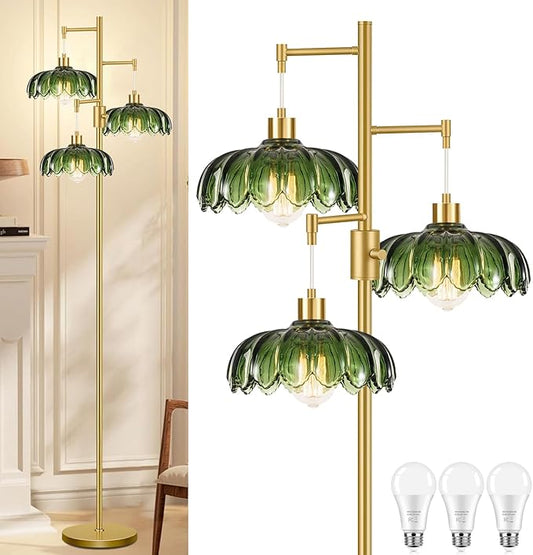 WLQCWL Vintage Floor Lamps for Living Room Bedroom-3 Light Dimmable Gold Floor Lamp with Glass Lampshape, Flower Tall Lamp Modern Mid Century Standing Lamp Green Tree Floor Lamp for Bedroom Corner