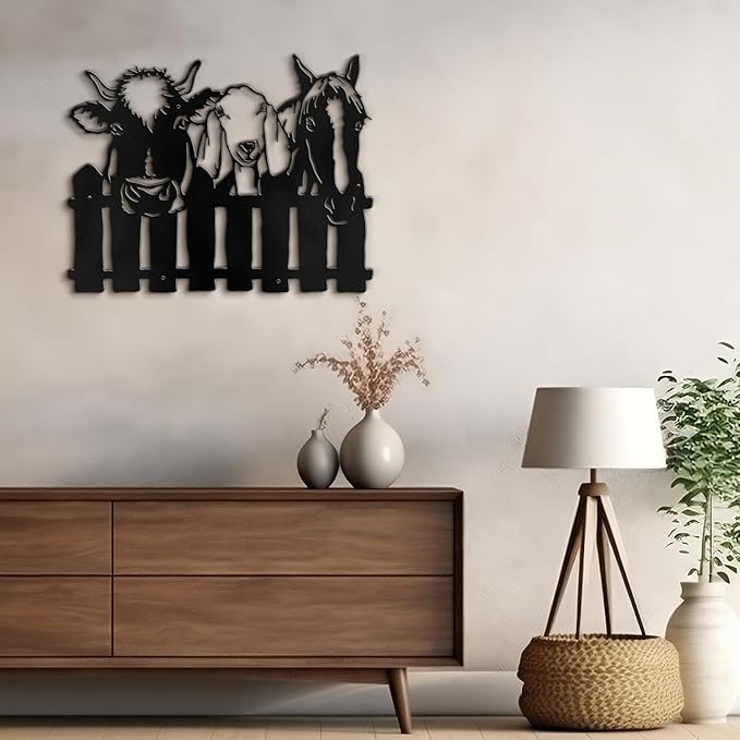 SIGNLEADER Metal Wall Art Decor Cows, Sheep, Horses by the fence Minimalist Modern Abstract Wall Sculpture Hangings Home Decoration for Living Room, Bedroom, Bathroom, Kitchen, Outdoor - 18" Black