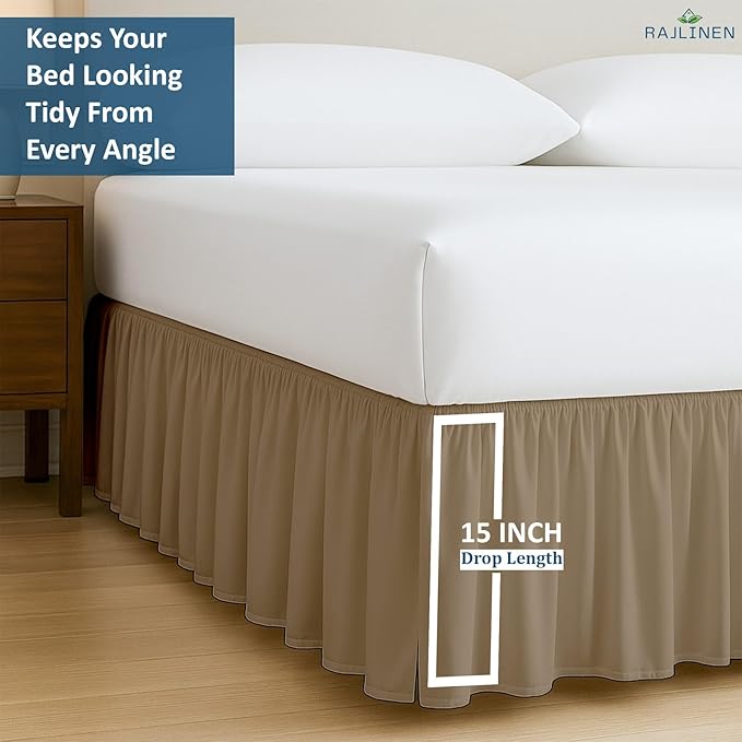Rajlinen Ruffled Bed Skirt Full XL, 15 Inch Drop Dust Ruffle with Split Corners, 100% Microfiber Bedskirt with Platform, Three-Sided Coverage Ruffled Gathering Design, Taupe