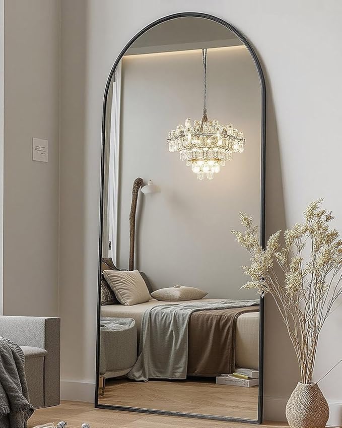 58"x18" Arched Full Length Mirror - Wall/Floor Mounted with Stand, Shatter-Proof Glass & Aluminum Frame, Large Body Mirror for Bedroom, Living Room, Entryway or Cloakroom, Black