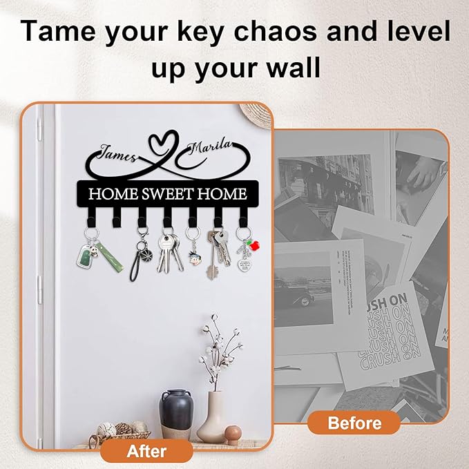 Custom Key Holder for Wall Personalized Metal Key Hook Key Organizer Rack Key Hanger Home Decor for Entryway, Garden, Bathroom, Kitchen, Garage (Heart)