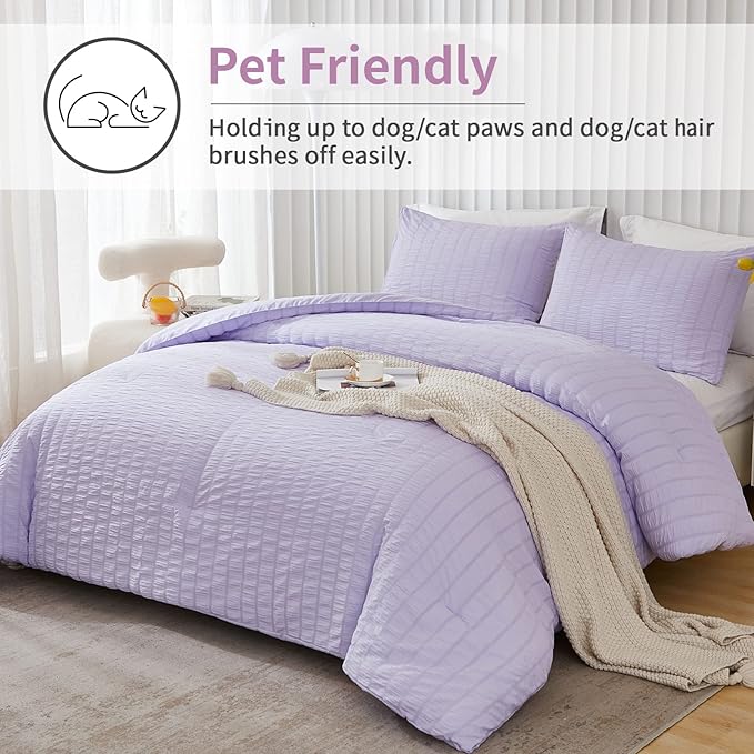 AveLom Lavender Purple Seersucker Comforter Set, California King, 104x96, 3 Pieces