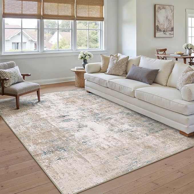 WondRg 5x7 Washable Area Rug Beige Blue Abstract Living Room Bedroom Throw Rug Neutral Modern Non Slip Soft Low Pile Carpet for Kitchen Dining Room Office Entryway