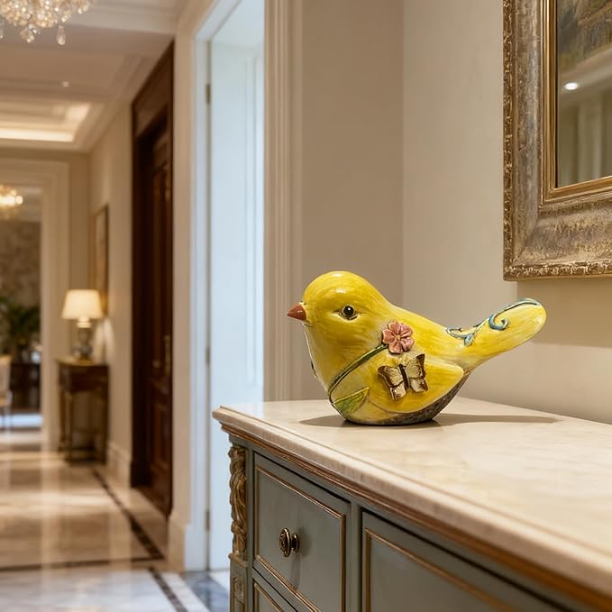 Yellow Resin Bird Sculpture Home Decor, 4.3 Inch Cute Statues Decorative Objects for Room, Bedroom, Living Room,Office Desk, Book Shelf,Coffee Table,Entryway, Gifts for Bird Lovers