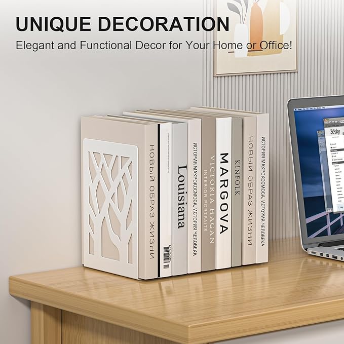 White Bookends 8 Pack, Tree Design Modern Metal Bookends for Shelves, Unique Tree Book Ends Decorative Book Organizer for Desk, Decorative Shelve Book Stopper for Home Office