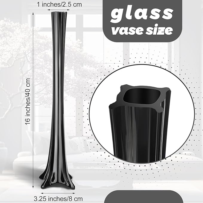 Roshtia 6 Pcs Eiffel Tower Vase Bulk 16 Inch Flute Vases Tall Glass Long Skinny Base Glass for Wedding Centerpiece Flowers Home Table Decorations Formal Dinners (Black)