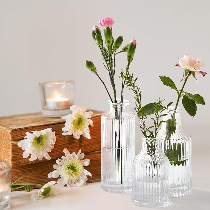 24 Sets Mini Small Vases for Flowers Bulk Glass Ribbed Bud Vases Set for Centerpiece Table Decorative Wedding Reception, Housewarming Gift Holiday Christmas