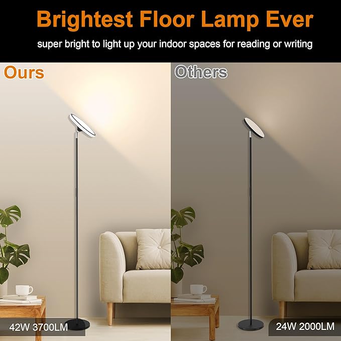 WOWLUMEN UFO Floor Lamp 71in, Upgraded 42W 3700LM LED Torchiere Floor Lamps for Living Room, Modern Tall Bright Standing Light with Remote, Dimmable Sky Light,1/2/3H Timer for Bedroom,Office(Black)