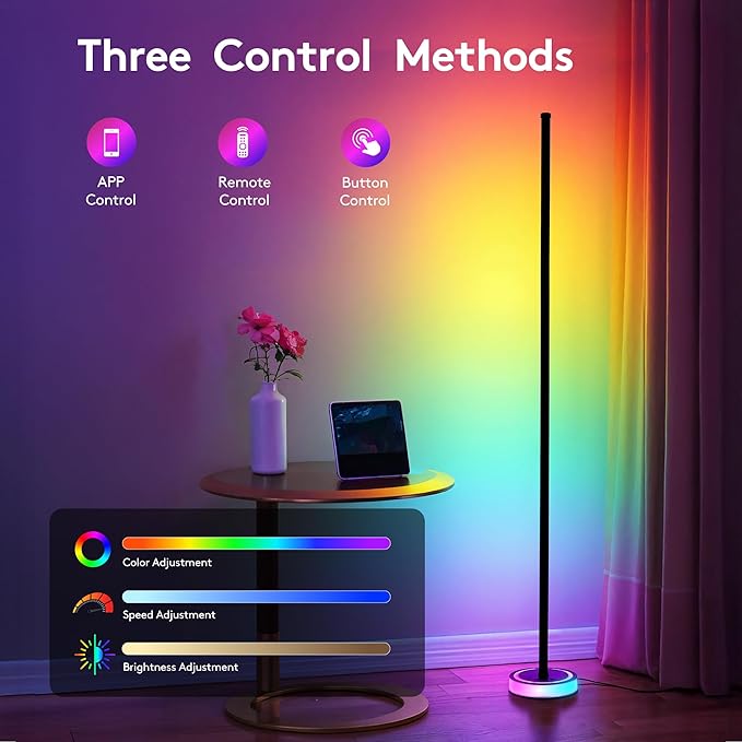 Corner Floor Lamp - Smart RGBICW LED Corner Lamp with App & Remote Control, 16 Million DIY Colors & 68+ Scene, Music Sync, Timer Setting, Modern Floor Lamp for Bedroom, Gaming Room, Room Decor