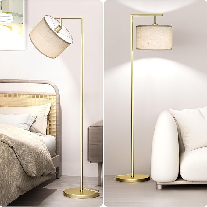 CNXIN Floor Lamp for Living Room with 3 Color Temperatures Standing Lamp with Adjustable Beige Linen Lampshade Tall Lamps for Bedroom Office Classroom Dorm Room, 9W LED Bulb Included, Gold