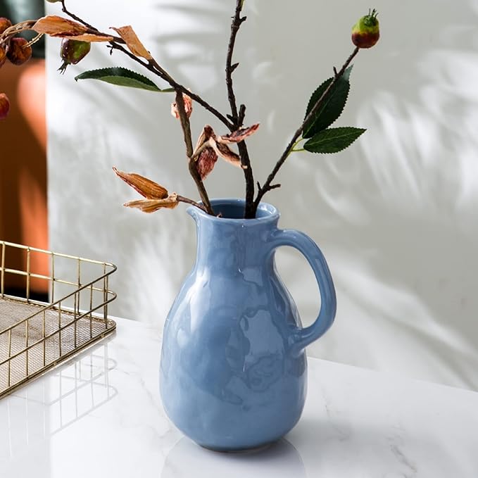 Kimdio Blue Ceramic Vase with Handle, Modern Pitcher Vases for Home Decor, Pottery Decorative Flower Vase, Clay Vases, Centerpieces for Living Room