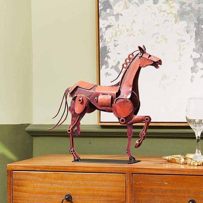 Metal Horse Statue - Rustic Handmade Western Decor - 100% Hand-Painted Horse Figurines Decor for Office Home - Vintage Brown