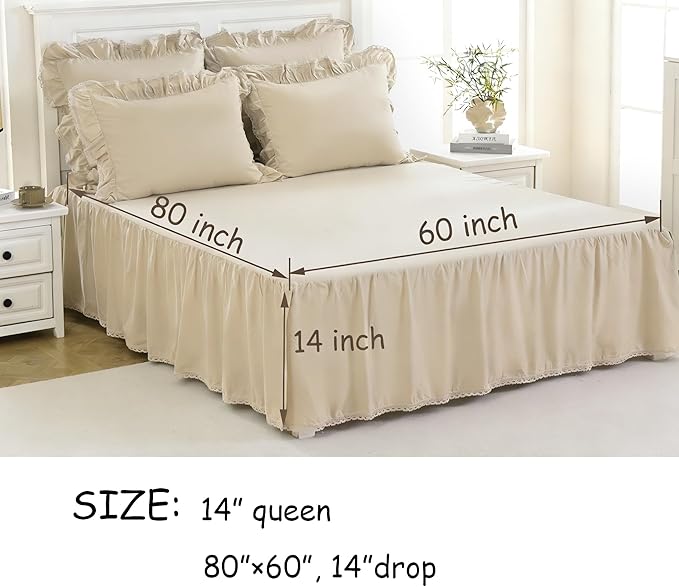 Vlocemon Queen Size 14 inch Drop Ivory Dust Ruffle, 100% Lightweight Cotton Ruffled Bed Skirt, French Coutry Style, Lace Ruffled Bed Skirt with Split Corners