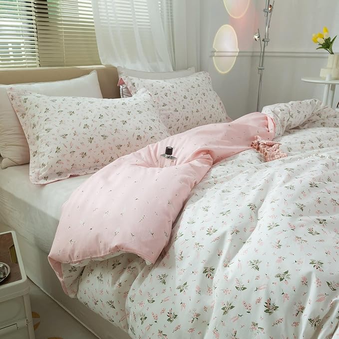 LifeTB Cotton Floral Duvet Cover Queen Girl Pink Flower Bedding Sets Garden Style Cotton Floral Comforter Cover Pink White Floral Bedding Sets Flower Branches Pattern Duvet Cover with Zipper Closure