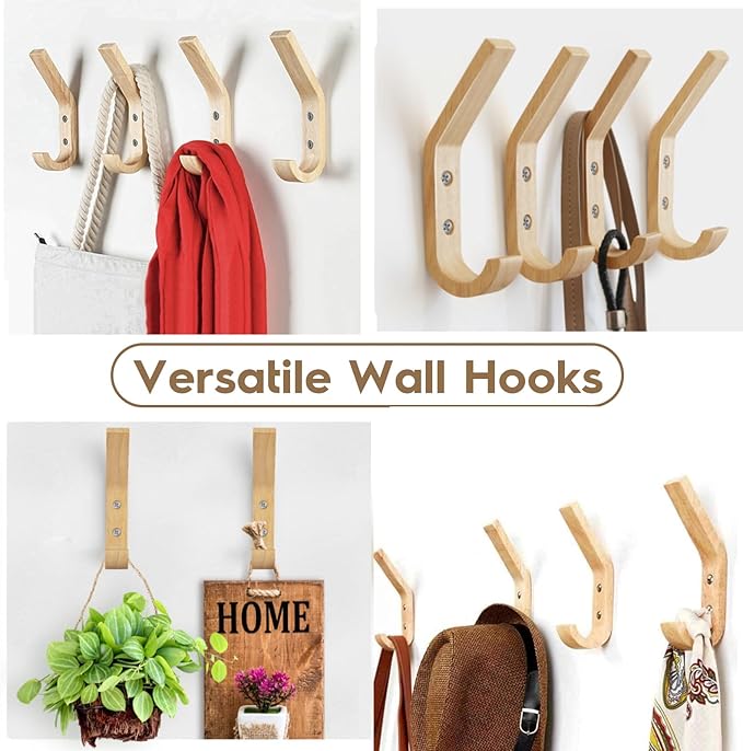 Wooden Coat Hooks Wall Hooks,Rustic Natural Oak Wood Wall Hooks for Hanging Decorative Vintage Organizer Heavy Duty Entryway Wall Mounted Hangers Hooks for Hat Rack,Coats,Towels, Key,Bags(4 Pack)