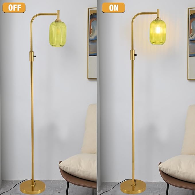 Asmymhd Dimmable Brass Gold Floor Lamp, Mid Century Modern Standing Lamp with Ribbed Green Glass Lampshade,Tall Lamp for Living Room Bedroom Study Room