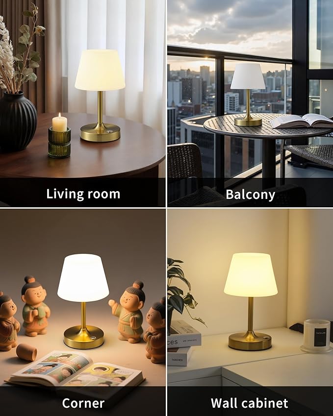PUSU Cordless LED Gold Small Table Lamp, Waterproof Shower Light with 4000mAh Battery, Portable Rechargeable Touch Dimming Night Light for Bathroom, Outdoor Camping, Kitchen, Patio, Restaurant