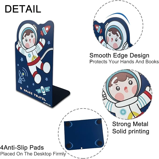 2 Pack Metal Bookends,Non-Slip Cartoon Boy Astronauts Book Stopper,5.3"x3.9"x8"Heavy Duty Premium Space Travell Decorative Book End, Supports for Kids Children Shelves,Room,School,Learning Gifts