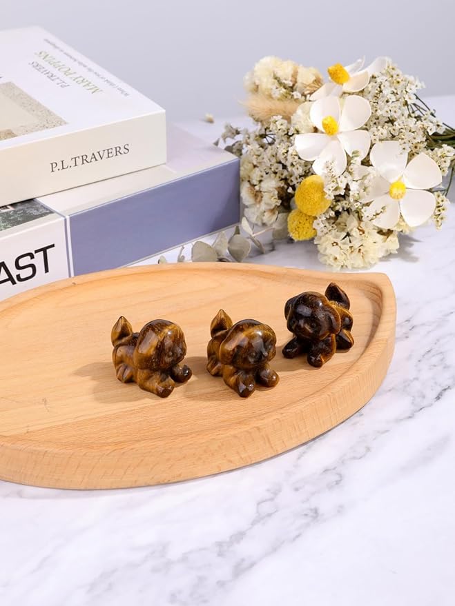 Jovivi Natural Tiger Eye Crystal Lying Dog Statue Home Decor Carved Mini Gemstone Puppy Dog Figurines Pocket Sculpture Reiki Healing Stones Decorative Ornament Gift