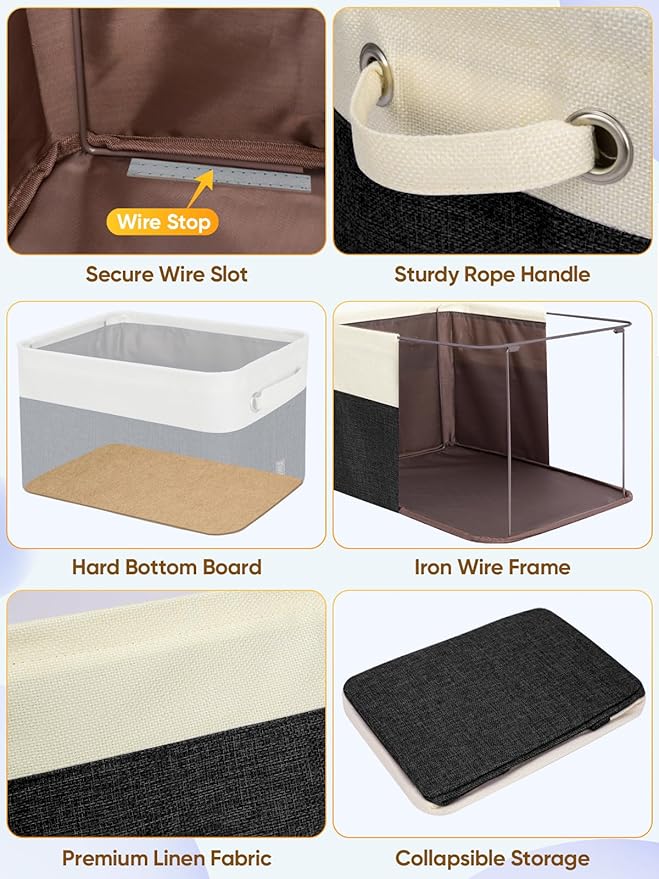 BALEINE 1 Pack Fabric Storage Bins for Shelves, Linen Storage Baskets for Organizing, Decorative Closet Bins for Clothes, Home (Black, 14''x10''x8.5'')