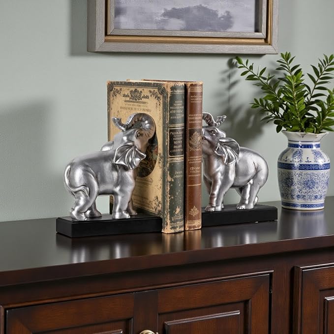 Elephant Book Ends Decorative, Bookends for Shelves, Book Ends for Heavy Books with Anti-Slip Pad for Book Lovers Heavy Book Holder for Home Office Decor (Silver)