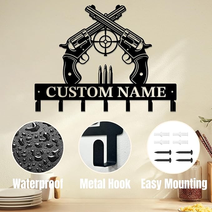 Personalized Custom Name Gun Wall Hooks,Metal Gun Room Art Clothes Hooks,Metal Gun Wall Home Storage Decorative,For Front Door, Hallway, Kitchen, Bedroom,Keys,Hats (Style I)