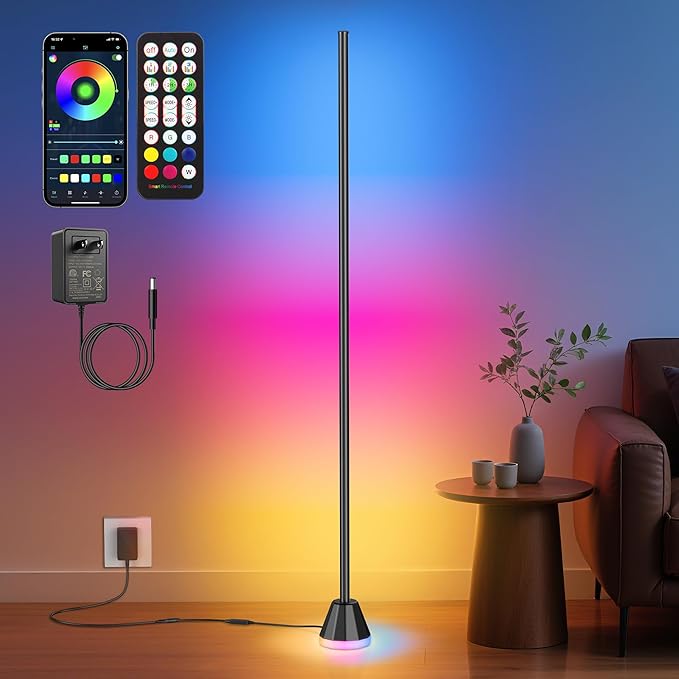 RIYO Corner Floor Lamp, LED Corner Lamp with AC Adapter & APP & Remote Control, Modern RGB Floor Lamp with 16 Million Colors, 68+ Scene Modes, Music Sync, Ambient Lighting for Living Room, Bedroom