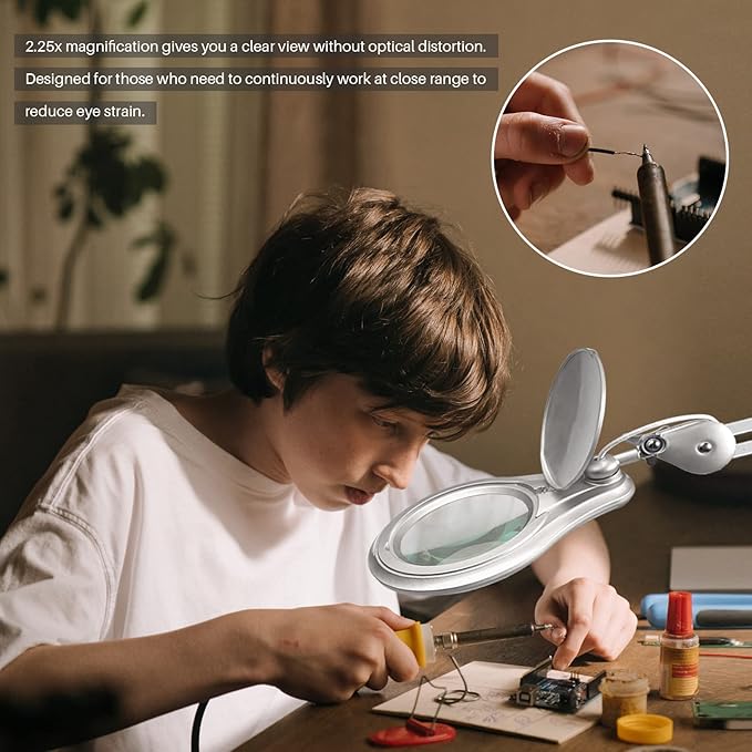 Bemelux LED Magnifying Lamp with Clamp, 5 Inch Magnifier Glass Lens, Metal Swing Arm Dimming 1200 Lumens Lighted Magnifying Desk Lamp for Crafts, Bright 60PCS LEDs - 2.25X Magnification(Silver)
