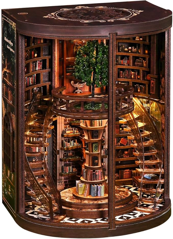 Book Nook Kit for Adults & Teens – DIY Miniature House Library, Wisdom Ring Library 3D Wooden Puzzle Bookend Bookshelf Insert with LED Light, Dollhouse Craft Kit for Decor & Gifts