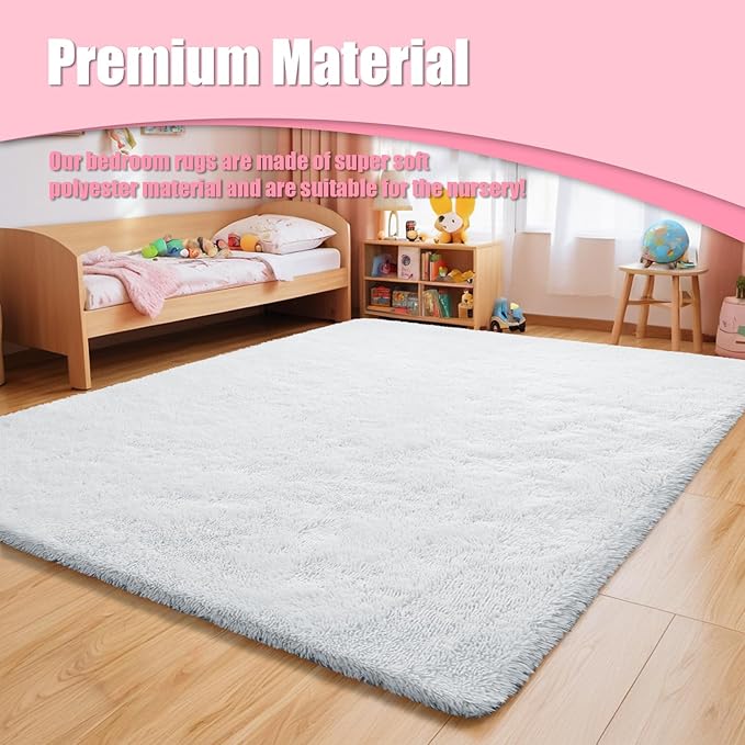 Shag Area Rug for Bedroom 4x6,White Fluffy Area Rugs for Living Room,Soft Fuzzy Rug Non-Shedding Indoor Plush Carpet for Kids Bedroom Nursery Dorm Home Decor