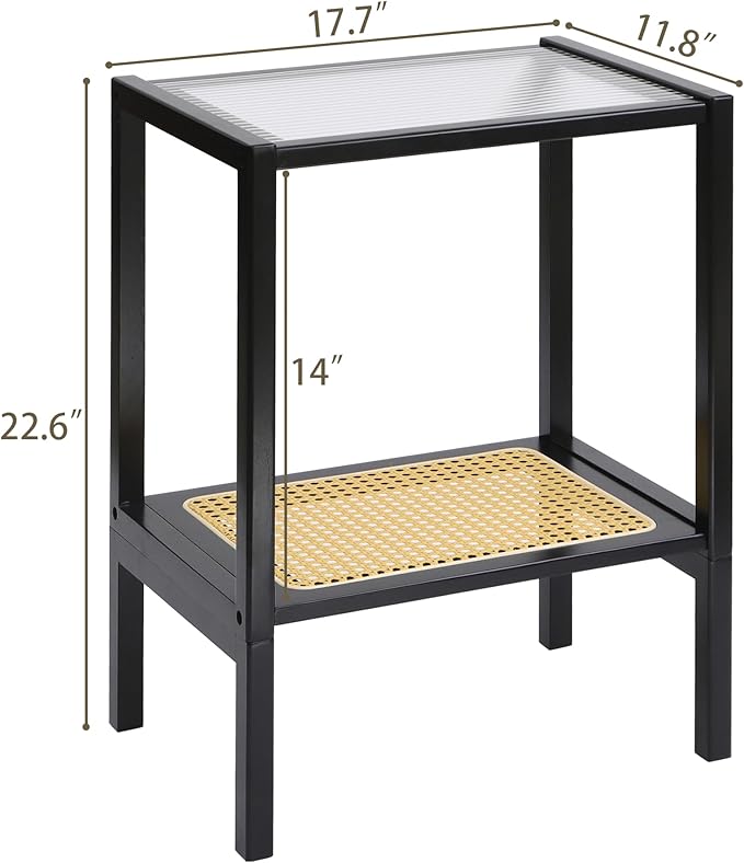 2-Tier Bamboo Side Table, Modern Glasstop Rattan Side Table, Mid Century Wood Sofa-Side End Tables for Living Room, Bedroom Night Stand with Storage, Small Narrow Coffee Tables, Black