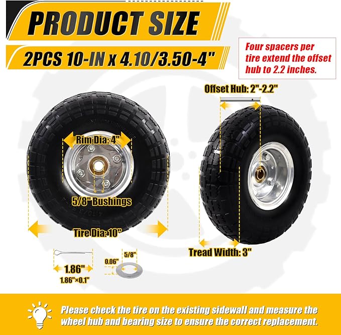 MZREXN 2-Pack 10" Flat Free Solid Tires 4.10/3.50-4 Tire and Wheel, with 5/8" Axle Bore Hole, 2"-2.2" Offset Hub, for Hand Truck, Garden Cart,Trolleys, Yard Trailers, Utility Cart, Silver