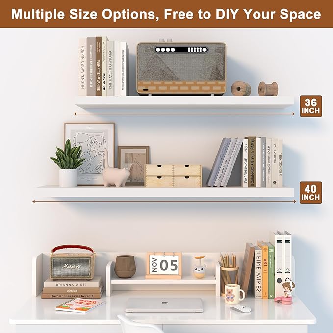 12 Inch Deep Floating Shelves for Wall 2 Pack Floating Shelfs Large Storage Space Wall Decor Display Shelf for Bathroom Living Room Bedroom Kitchen 40" W x 12" D x 1.2" H White