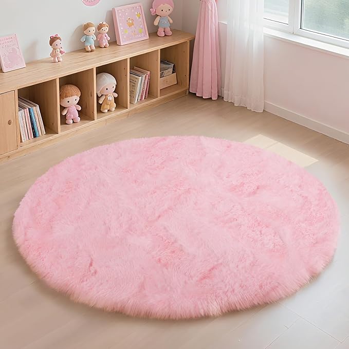 yulidayang Pink Fluffy Round Area Rugs for Bedroom,4'X4'Shag Circle Area Rugs for Girls Room,Non Slip Fuzzy Plush Rug for Kids Room Living Room and Dorm Home Decor Rug