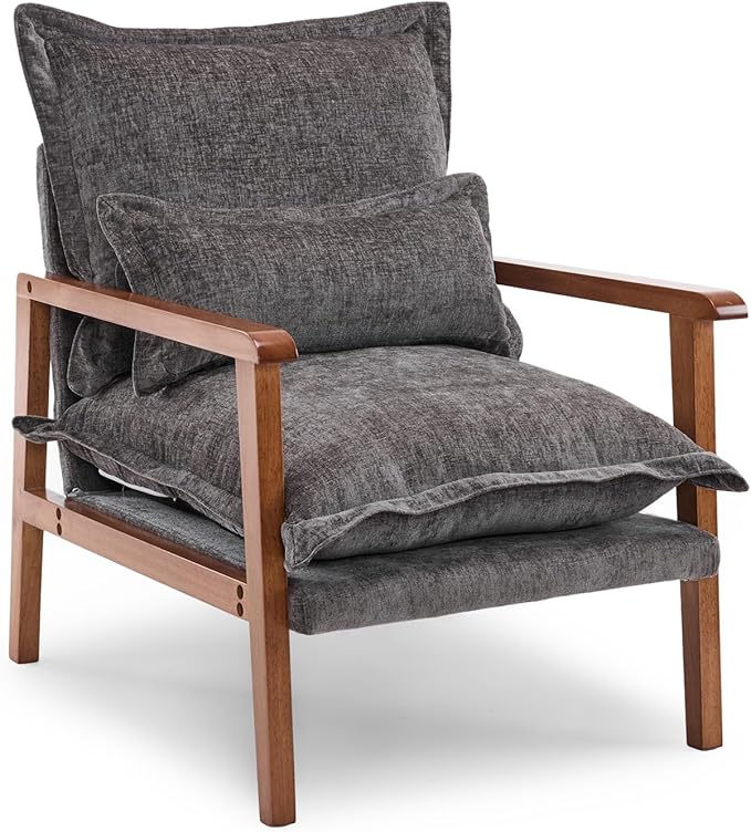 VINGLI Mid-Century Modern Cloud Accent Armchair with Lumbar Pillow, 6.3'' Thick Seat Cushion Comfortable Reading Chair with Wooden Armrests，Boho Lounge Chair for Bedroom, Living Room, Chenille, Grey