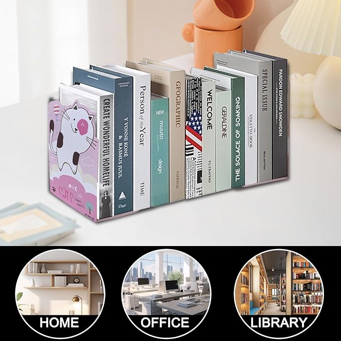 2 Pack Metal Bookends,Non-Slip Cute Cat Cartoon Book Stopper,5.3"x3.9"x8"Heavy Duty Premium Decorative Book End, Supports for Kids Children Shelves,School,Room,Office,Learning Gifts