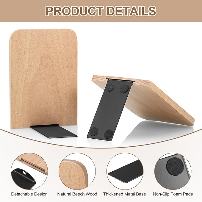 Wood Book Ends, 2 Pack Beech Wood Bookends for Shelves, Non-Slip L-Shaped Heavy Duty Bookends, Book Stopper, Bookshelf Holder Stand for Home, Office, Library, School