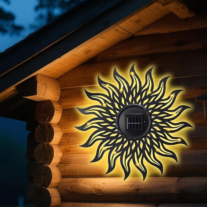 VCUTEKA 20" Sun Metal Wall Art Outdoor Decor Solar Decoration Metal Wall Sculpture Hanging Garden for Indoor Outdoor Patio Fence Decoration Black