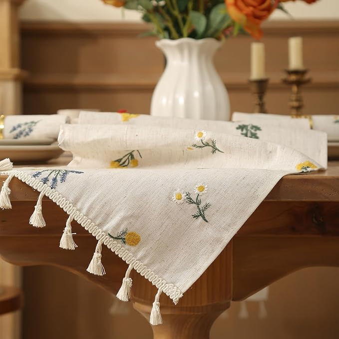 Linen Table Runner with TasselsSet of 1 Runner and 2 Placemats Boho Daisy Embroidered 12x72 Inches Flax Beige for Farmhouse Dining Table Buffet Nightstand Decor Home and Commercial Use
