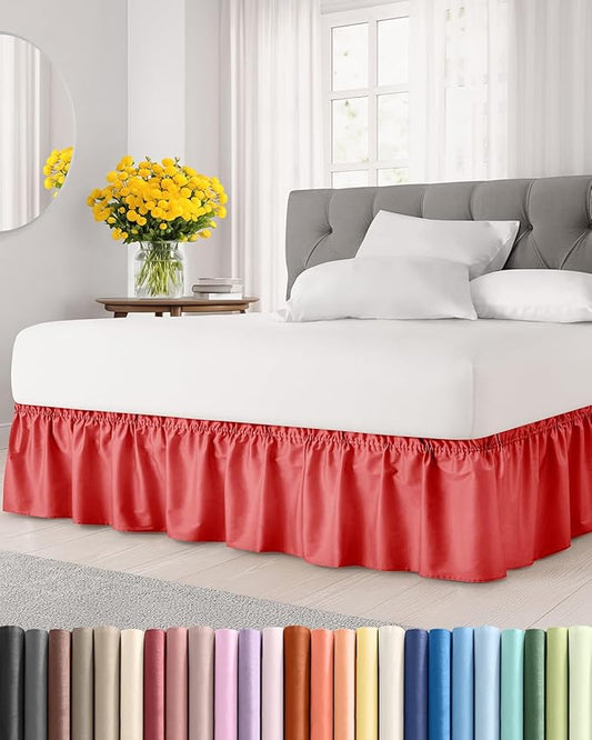 Wrap Around Dust Ruffle Bed Skirt - Red - for Queen Size Beds with 18 Inch Drop - Easy Fit Elastic Strap - Adjustable Pleated Bedskirt w/Brushed Fabric - Wrinkle Free - for Women, Men, Kids & Teens