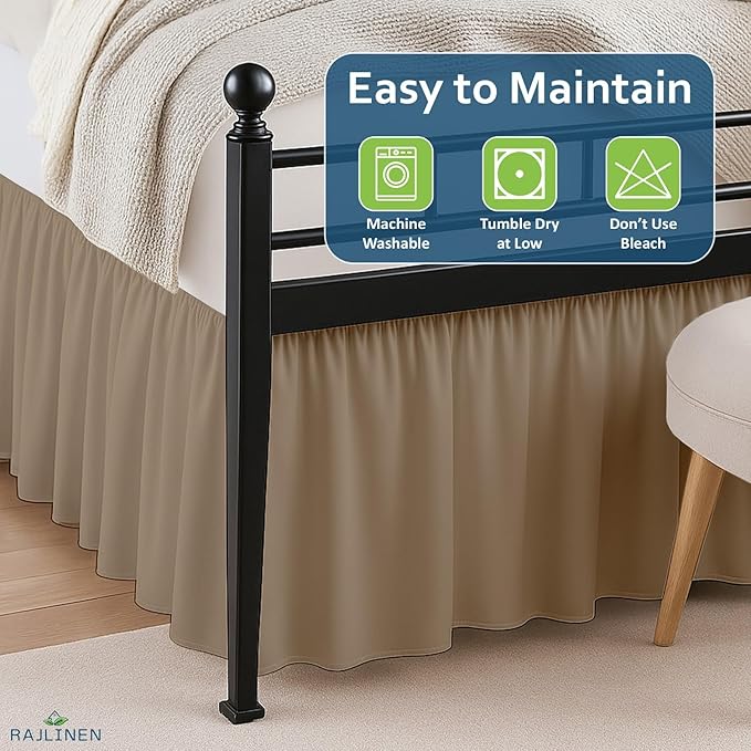 Rajlinen Ruffled Bed Skirt Full XL, 15 Inch Drop Dust Ruffle with Split Corners, 100% Microfiber Bedskirt with Platform, Three-Sided Coverage Ruffled Gathering Design, Taupe