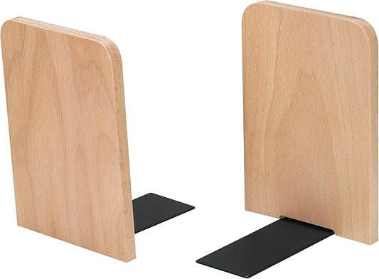 Wood Book Ends, 2 Pack Beech Wood Bookends for Shelves, Non-Slip L-Shaped Heavy Duty Bookends, Book Stopper, Bookshelf Holder Stand for Home, Office, Library, School