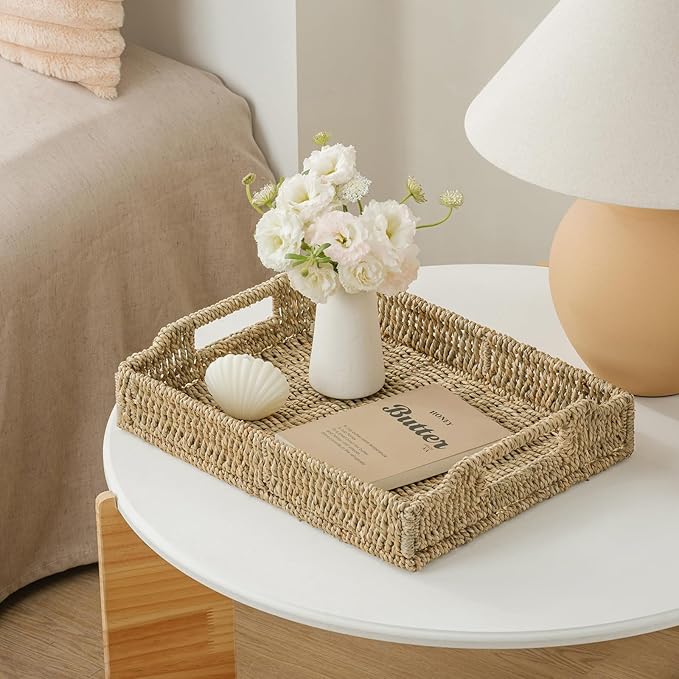 Wicker Scalloped Serving Tray with Handles - Seagrass Handwoven Trays,Water Hyacinth Tray for Home Decor and Living Room, Dining Table, Bathroom Organizing, 17.3" L x 13.4" W x 3.6" H